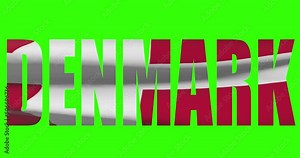 Denmark country lettering word text with flag waving animation on green screen 4K. Chroma key background Stock Video