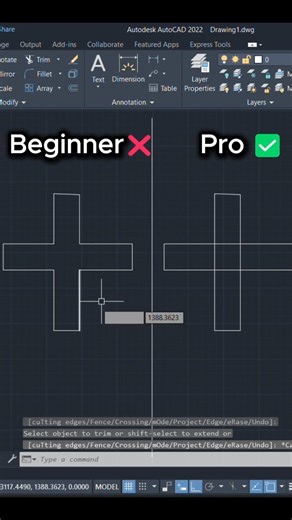 Beginner vs Pro AutoCAD TRIM Trick 😳 #autocad #trim #autocadshorts