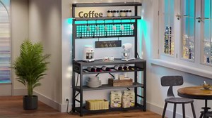 Bakers Rack with Power Outlet, 6-Tier Coffee Bar, Microwave Stand with Wine Rack, LED Lights and 10 Hooks, Bakers Racks for Kitchens with Storage, Grey