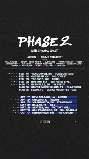 Phase 2 is officially ON SALE NOW! Come celebrate 30 years of Dim Mak with me Feb 28 - Boston, MA @ Big Night Live Mar 13 - Nashville, TN @ Big Skydeck Live Mar 16 - South Padre Island, TX @ Clayton’s Beach Bar Mar 27 - Miami, FL @ Ultra Music Festival Apr 17 - New Orleans, LA @ Metro Apr 24 - Chicago, IL @ Radius Apr 25 - Washington, DC @ Echostage May 28 - Dallas, TX @ Silo May 29 - Seattle, WA @ Victory Hall Sep 19 - San Francisco, CA @ Bill Graham Civic Auditorium Oct 17 - Minneapolis, MN @ 