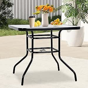 Outdoor Patio Garden Table, Square Patio Dining Table with Umbrella Hole &Tempered Glass Top, All Weather Small Metal Patio Table for Pool Backyard Yard Patio Garden