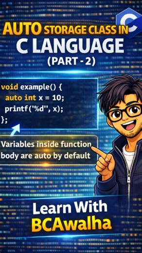 𝐂𝐨𝐝𝐞 𝐖𝐢𝐭𝐡 𝐁𝐂𝐀𝐰𝐚𝐥𝐡𝐚 on Instagram: "Auto storage class in C language 🔥🔥 Day 11/100🎯✅ Auto Storage Class?? auto is the default storage class for local variables Automatically created when a block starts and destroyed when it ends Key Points:- Scope: Local (inside block/function) Lifetime: Till block ends Default value: Garbage Memory: RAM (stack) Example:- void fun() { auto int x = 10; printf("%d", x); } 👉 Writing auto is optional because local variables are auto by default. Eas