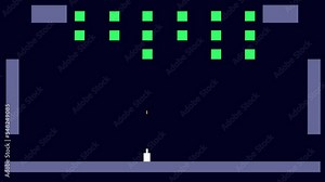 Animation of an 8-bit style spaceship shooting at alien enemies, old games, pixels, 2d, blocks.