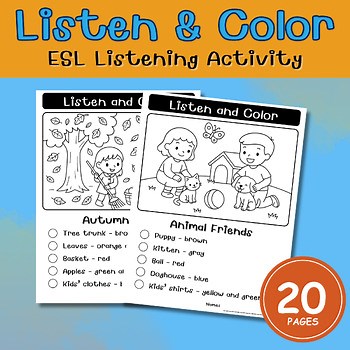 Listen and Color Worksheets for Kids | 20 Seasonal & Themed Coloring Pages | ESL