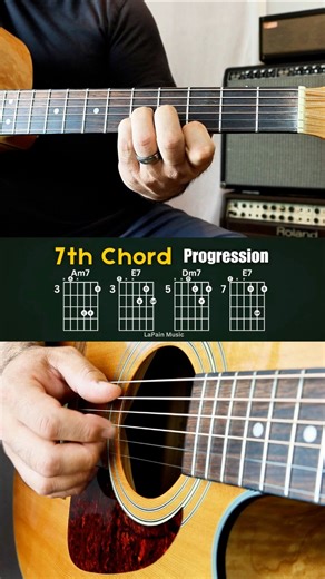 19K views · 223 reactions | A soulful 7th chord groove in A minor built on triad chord shapes plus an open string bass note. Am7 → E7 → Dm7 → E7. Perfect for looping, writing, or just playing around. #GuitarLesson #7thChords #GuitarGroove #SoulfulGuitar #AcousticGuitar | LaPain Music | Facebook