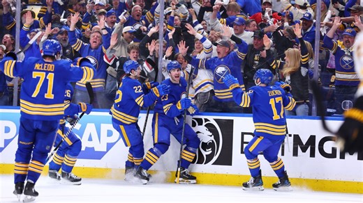 Sabres score 4 third-period goals to beat Bruins in Game 1