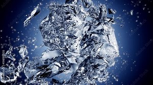 Exploding ice cube in slow motion with animated depth of field on blue gradient background. Cg animation.