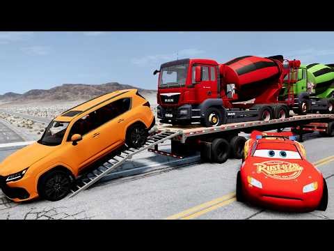 Flatbed Truck Mcqueen Transportation with Truck Pothole vs Car #57 BeamNG Drive 2