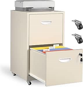 2 Drawer Mobile File Cabinet with Lock, Cream Metal Filing Cabinets with Wheels, Vertical Rolling File Cabinet Fit Hanging Files, Letter and A4 Documents