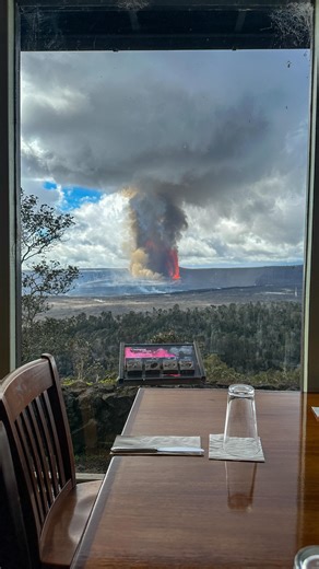Justin Hirako • Big Island, Hawaii • Lava • Landscapes • Travel on Instagram: "The view from The Rim restaurant, Episode 41 version. As far as I know, this is the only place in the world where you can have breakfast/lunch/dinner with a view like this! Episode 41. Captured 1/24/2026 at The Rim restaurant at Volcano House. 📍Kilauea Volcano in Hawaii Volcanoes National Park. Big Island, Hawaii. Follow my Instagram for more eruption updates, photos and videos. Subscribe to my YouTube - @808hiker - 