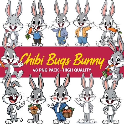 Chibi Bugs Bunny Clipart PNG Pack - Cute Cartoon Characters (digital Download) - Etsy