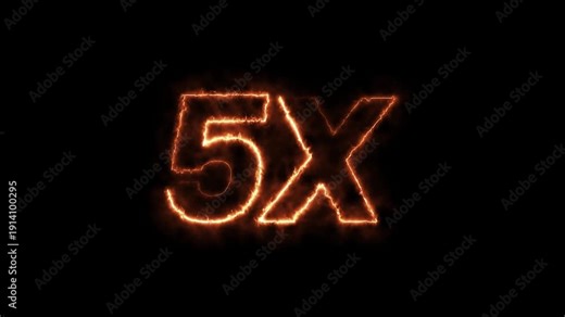 5x fire text animation with intense burning flame effect. realistic burning 5x symbol with flickering fire sparks loop.