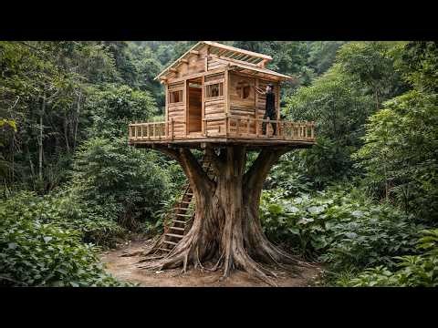 I Built a Log Cabin On a Giant Tree Trunk. Bushcraft Treehouse, Solo Survival in the Forest.