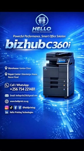 Hello Printing Technologies on Instagram: "Bizhub C360i A reliable A3 colour multifunction printer built for modern offices. Delivers smooth printing, scanning, and copying with Konica Minolta’s updated i-Series interface, strong security features, and consistent colour output. Perfect for businesses that want efficiency and professional-grade results every day.### #printers #kampalabusiness #konicaminolta"