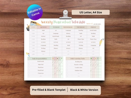 Editable Homeschool Checklist | Weekly Schedule Template (canva PDF) - Etsy