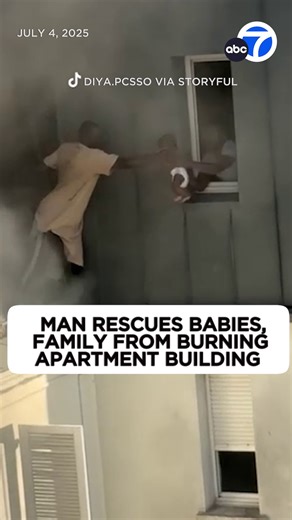 18M views · 703K reactions | A man risked his life to save six people from the sixth floor of a burning apartment building in France on July 4. He first helped two infants reach a nearby window before assisting others to safety. | ABC7 | Facebook
