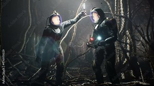 Astronauts on an alien planet find themselves in a cave with alien nightmare creatures.The concept of colonizing unexplored planets. The animation is perfect for sci-fi, space background. 3D Rendering