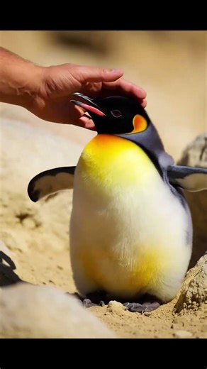 A cute king penguin baby smiles happily while being petted on the snowe#lol #cat #toilet