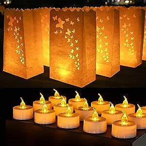 50 PCS Butterfly Luminary Bags & 50 PCS Battery Tea Lights, White Luminary Bags with Flameless Candles, LED Lamp Holiday Gift Flameless LED Tealight for Outdoor Christmas Thanksgiving Decorations