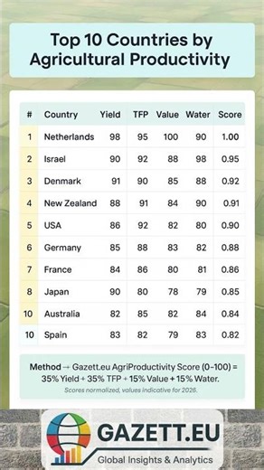 Top 10 Countries by Agricultural Productivity (2026) | Highest Farm Efficiency, Yield & Innovation