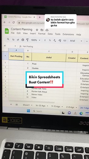 Membalas @waa Ini tutorial spreadsheets nya yaa💗 #spreadsheets #spreadsheettricks #googledrive #contentplanning #contentcreation