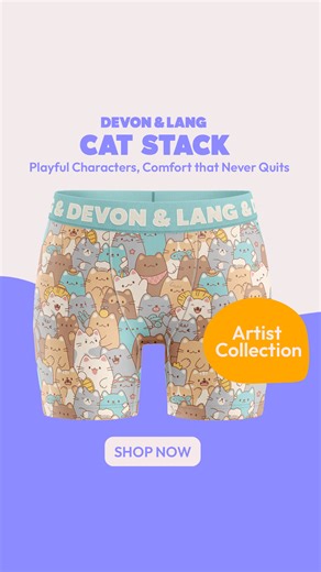 THE PURRRRFECT PAIR IS HERE 🐾 Stack up on our new Cat Stack print. Purr-level comfort, unbeatable fit, and a wide range sizes and styles made for every body. No hiss-terics here. Snag Yours Meow. | Devon & Lang