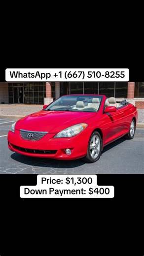 2005 Toyota Camry Solara SLE V6 Convertible Price: $1,300 Down Payment: $400 Details: - Mileage: 64,400 miles - VIN: 4T1FA38P25U051988 - Engine: 3.3L V6 - Transmission: Automatic (5-Speed) - Drivetrain: Front-Wheel Drive - Body Style: Convertible - Exterior Color: Absolutely Red - Interior Color: Ivory - Title Status: Clean Description: Enjoy open-top driving with this 2005 Toyota Camry Solara SLE V6 Convertible, powered by a reliable 3.3L V6 engine for a smooth and comfortable ride. With only 6