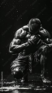 A fighter crouches ready to strike in a moments notice their body coiled with tension and poised for action. Black and white art