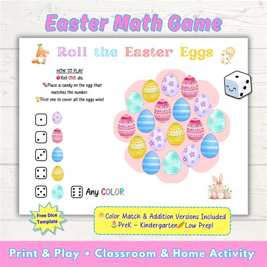 Easter Math Dice Game, Roll the Egg Addition, Kindergarten Spring Activity (digital Download) - Etsy