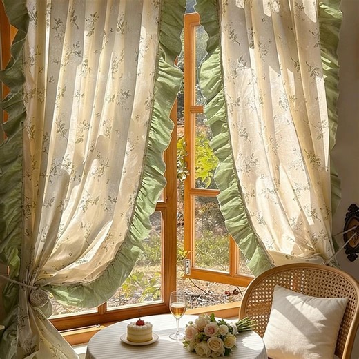 French Ruffled Floral Curtains, Country Green Trimmed Window Drapes, Light-filtering Romantic Farmhouse Curtains for Bedroom & Living Room - Etsy