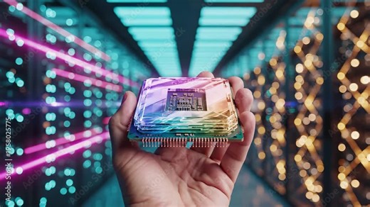 Hand holding advanced cpu processor chip in data center facility. Semiconductor microchip technology and ai computing hardware for next generation digital infrastructure and innovation