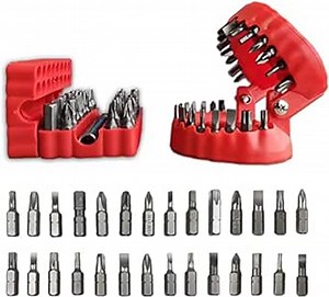 Drill Bit Holder, Denture Screwdriver Bit Organizer Holder with Magnetic Base, Cuboid Bit Storage Rack Case with 32Pcs Bits and 1 Magnetic Extension Socket,Fit 1/4" Hex Bit, Easy to Store and Carry