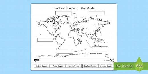 The Five Oceans of the World Cut and Paste Map Labeling Worksheet for 1st-2nd Grade
