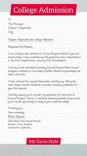 Application for College Admission | Simple Application Letter Format
