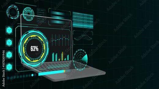 Perspective view of a laptop displaying advanced security monitoring tools with circular data gauges and scan indicators.