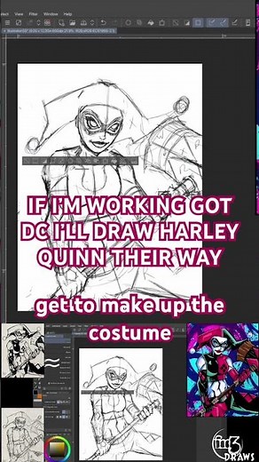 But when I draw Harley Quinn on my own she always gets the jesters hat and domino mask