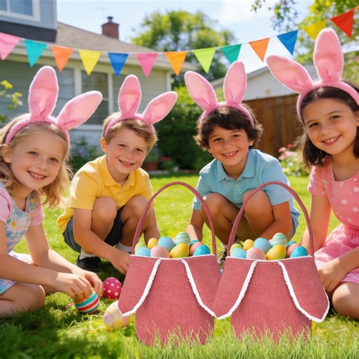 CuiLiyq Easter Flock Bunny Basket Bag, 1 Pcs Personalized Rabbit Bucket Tote with Rabbit Ears, Cute Egg Hunts Party Storage Candy Gifts Carry Bucket Decorations (Red)