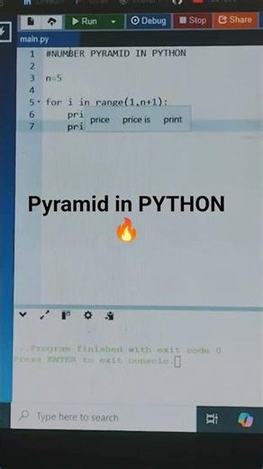 number pyramid in python #python #coding #programming #shorts#song#viral