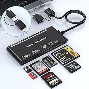 Multi SD Card Reader, Dual Connector USB C USB 3.0 Memory Card Reader Adapter for SD SDXC SDHC TF Micro SD CF MS MMC Camera Memory Card XD Card Reader 5Gbps Read 5 Cards Simultaneously Plug and Play