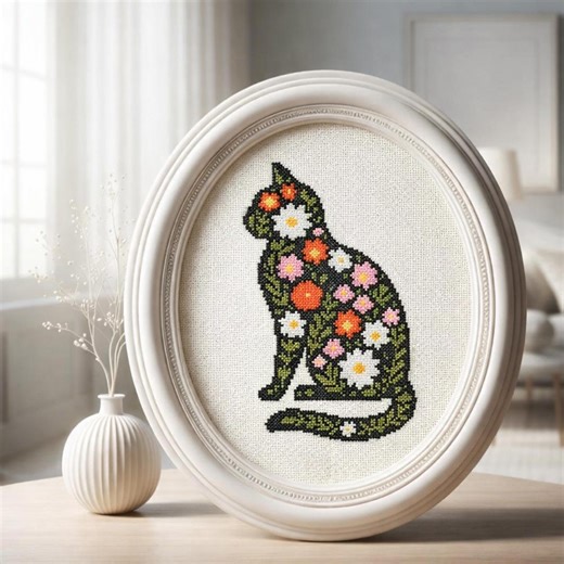 Black Cat Cross Stitch Pattern PDF Floral Silhouette Design - Etsy