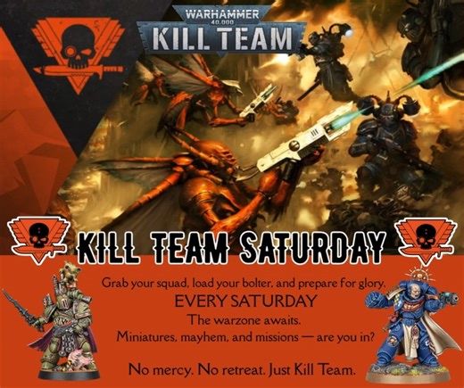  Kill Team Saturday is LIVE!  Gather your squad, check your gear, and lock in your orders—it’s time to dive into another pulse-pounding day of Kill Team action. Who’s storming objectives? Who’s pulling off clutch crits? Show us your strike teams, terrain setups, and post-battle glory shots! Let’s see who dominates the killzone today. Ready up, operatives! | Shall We Play? The Games and More Store | Facebook