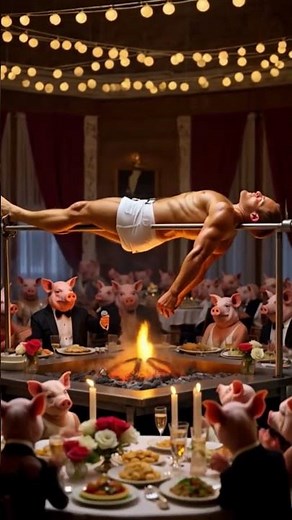 A Human Body Roasting as Pigs Feast