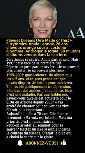 Annie Lennox: «Sweet Dreams», puis silence 10 ans... dépression post-partum cachée