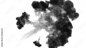 black clouds or smoke, ink inject is isolated on white in slow motion. Writing ink spread flow in water. Inky background or smoke backdrop, for ink effects use luma matte like alpha mask