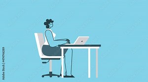 Cartoon angry woman working on a broken laptop at workplace. Flat Design 2d Character Isolated Loop Animation with Alpha channel