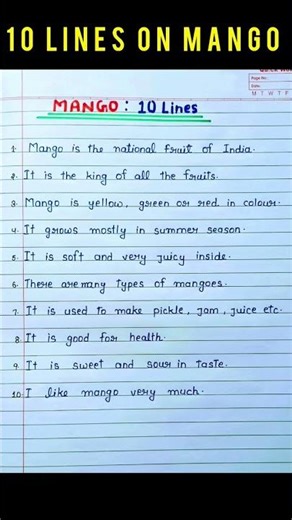 10 lines On Mango In English/Essay On Mango Fruit in English writing/My favourite fruit essay