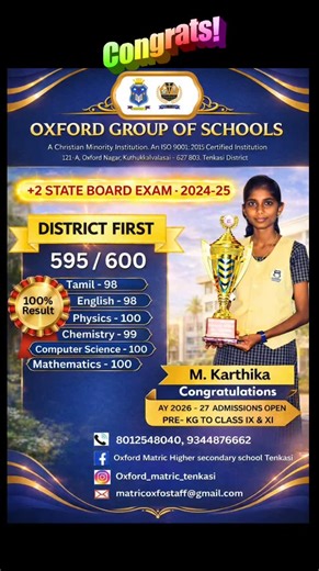 Oxford public senior secondary school - Tenkasi | 🏆✨ A Glorious Moment for Oxford Group of Schools! ✨🏆 We are immensely proud to congratulate M. Karthika for securing DISTRICT FIRST in the... | Instagram