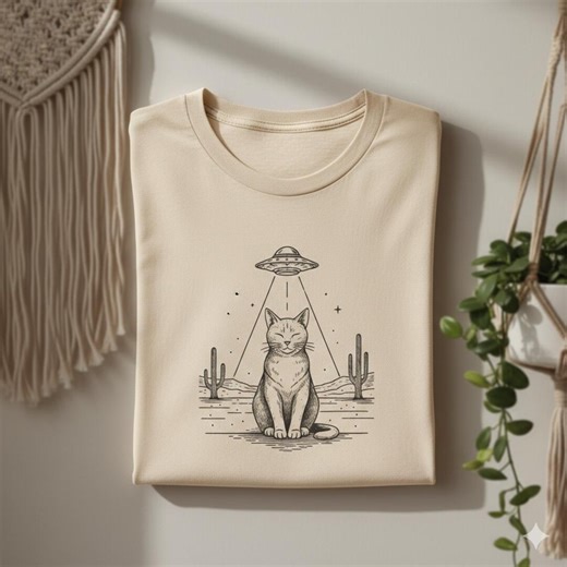 Funny Alien Cat Shirt With UFO Line Art Space Graphic Digital Download - Etsy