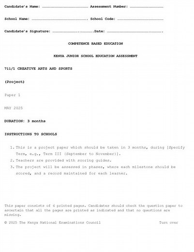 Grade 7 Creative Arts and Sports Paper 1 Mid Term 2 Exam 2025 with Marking Scheme