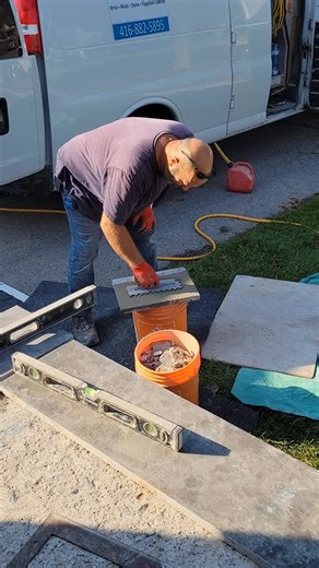 We've seen far too many newish flagstone porches that have loose, hollow sounding stones. The main reason for this problem is that they aren't back buttered during the installation. This results in a short lifespan before the joints crack, leak, and require repairs. White stains running down the stone is the tell-tale sign you have a water problem Back-buttering, with a good sticky mortar, takes a little longer but wins every time!!!! #gtamasonry #professionalmasonryservices #porch #flagstone | 